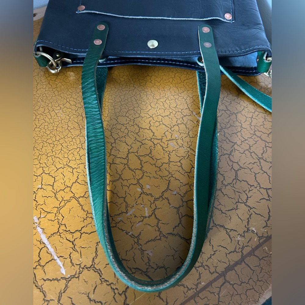Black Leather Tote with Green Strap - Classic Everyday Bag - Picture 4 of 7